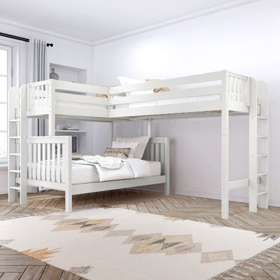 TRINITARIAN XL 1 WS : Corner Loft Bunk Twin XL over Queen + Twin XL High Corner Loft Bunk with Two Straight Ladders on End, Classic White Slats
