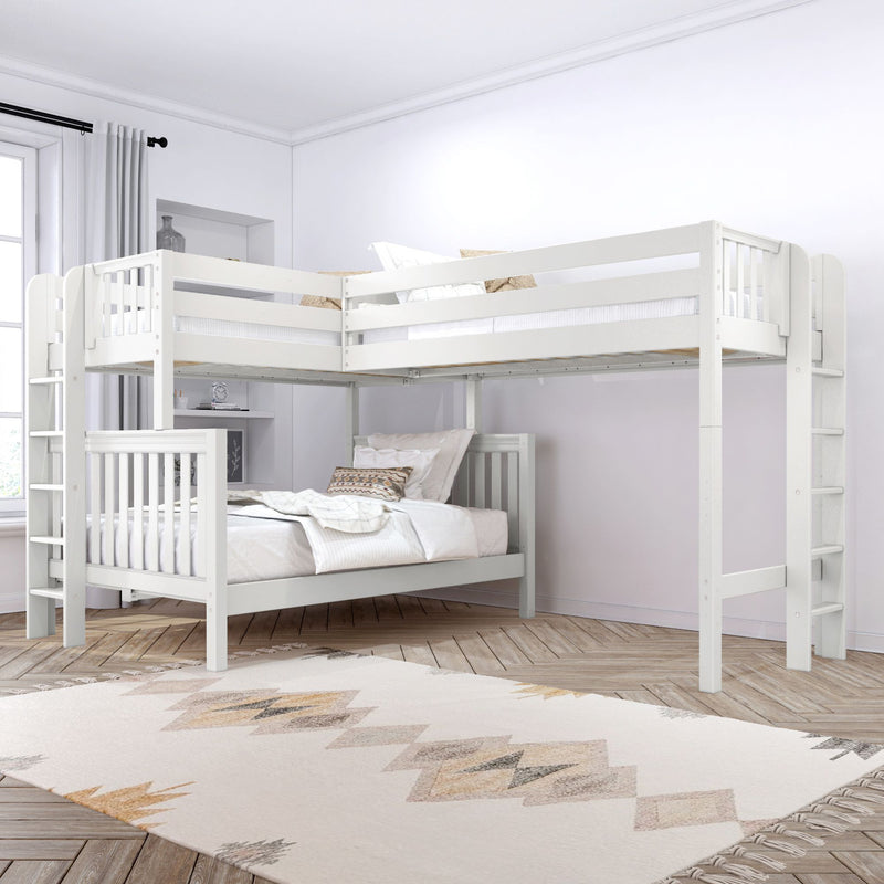 TRINITARIAN XL 1 WS : Corner Loft Bunk Twin XL over Queen + Twin XL High Corner Loft Bunk with Two Straight Ladders on End, Classic White Slats