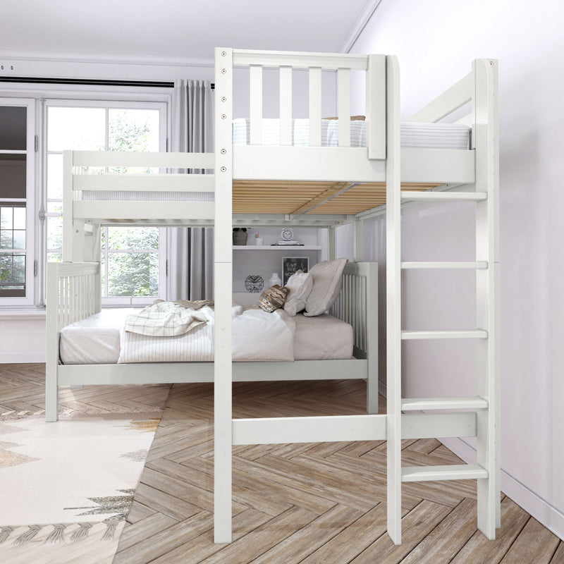 TRINITARIAN XL 1 WS : Corner Loft Bunk Twin XL over Queen + Twin XL High Corner Loft Bunk with Two Straight Ladders on End, Classic White Slats
