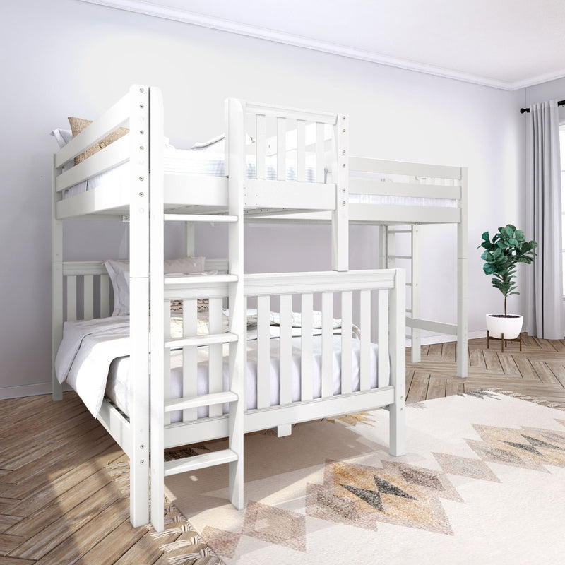 TRINITARIAN XL 1 WS : Corner Loft Bunk Twin XL over Queen + Twin XL High Corner Loft Bunk with Two Straight Ladders on End, Classic White Slats