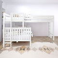 TRINITARIAN XL 1 WS : Corner Loft Bunk Twin XL over Queen + Twin XL High Corner Loft Bunk with Two Straight Ladders on End, Classic White Slats