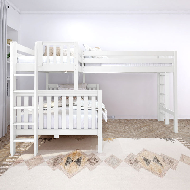 TRINITARIAN XL 1 WS : Corner Loft Bunk Twin XL over Queen + Twin XL High Corner Loft Bunk with Two Straight Ladders on End, Classic White Slats
