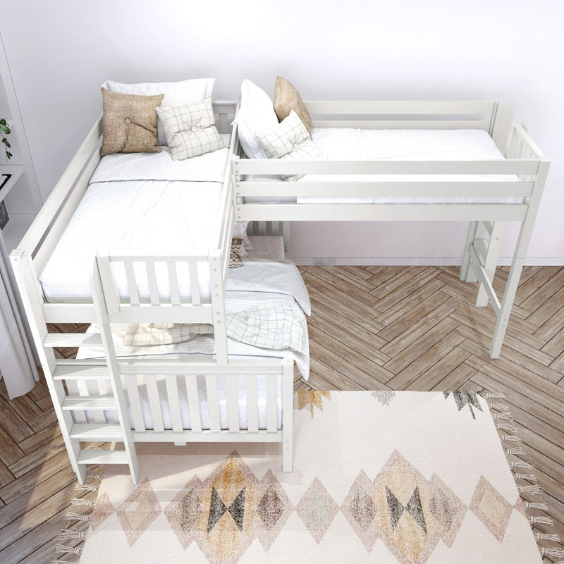 TRINITARIAN XL 1 WS : Corner Loft Bunk Twin XL over Queen + Twin XL High Corner Loft Bunk with Two Straight Ladders on End, Classic White Slats