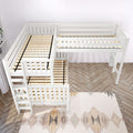 TRINITARIAN XL 1 WS : Corner Loft Bunk Twin XL over Queen + Twin XL High Corner Loft Bunk with Two Straight Ladders on End, Classic White Slats