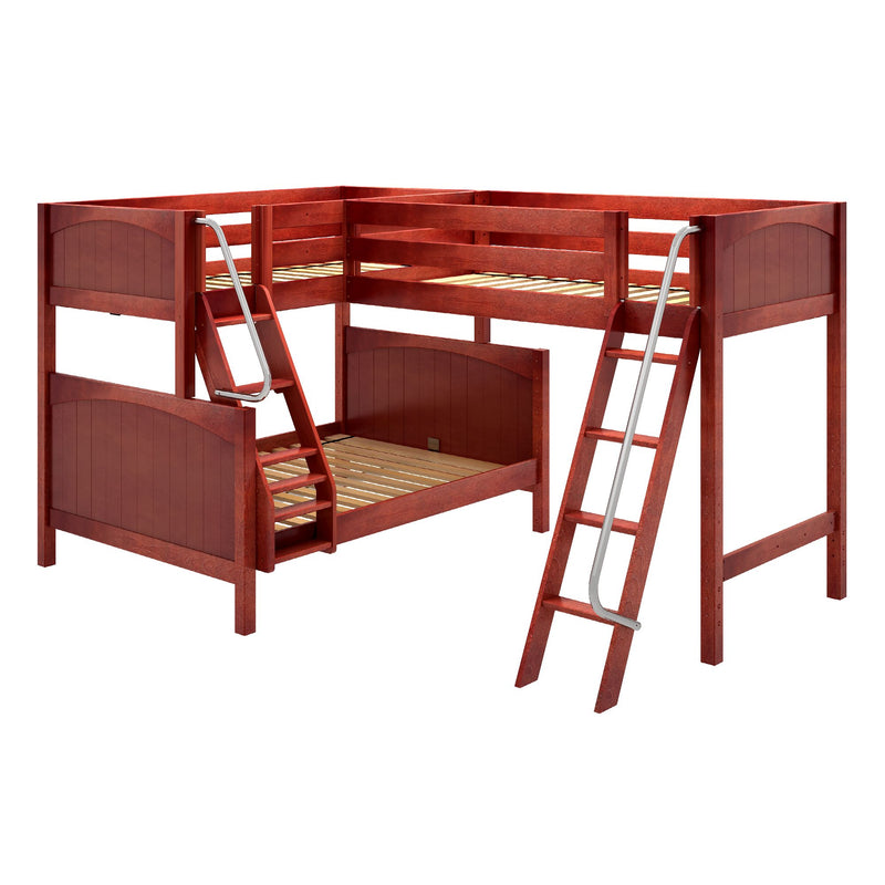 TRINITY CP : Corner Loft Bunk Twin over Full + Twin Mid Corner Loft Bunk with Two Angled Ladders on Front, Chestnut Panel