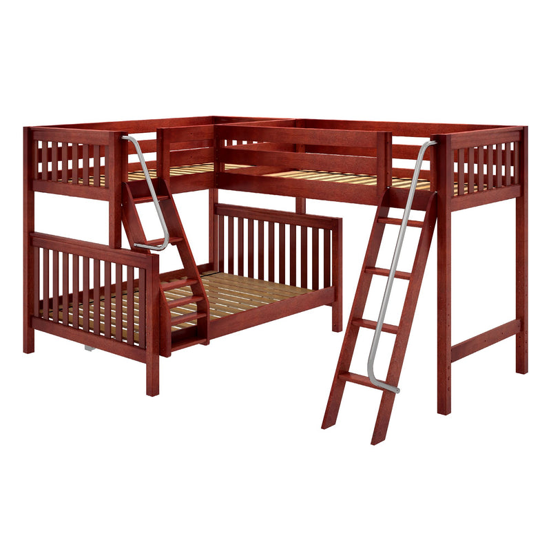 TRINITY CS : Corner Loft Bunk Twin over Full + Twin Mid Corner Loft Bunk with Two Angled Ladders on Front, Chestnut Slats
