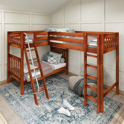 TRIO XL CS : Corner Loft Bunk Twin XL High Corner Loft Bunk with Left Angled Ladder + Right Straight Ladder on Front, Chestnut Slats