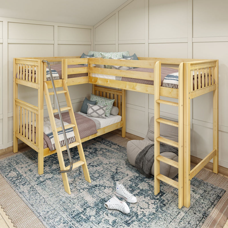 TRIO XL NS : Corner Loft Bunk Twin XL High Corner Loft Bunk with Left Angled Ladder + Right Straight Ladder on Front, Natural Birch Slats