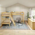 TRIO XL NS : Corner Loft Bunk Twin XL High Corner Loft Bunk with Left Angled Ladder + Right Straight Ladder on Front, Natural Birch Slats