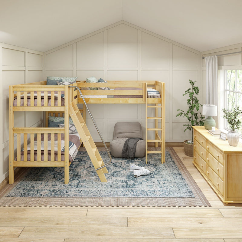 TRIO XL NS : Corner Loft Bunk Twin XL High Corner Loft Bunk with Left Angled Ladder + Right Straight Ladder on Front, Natural Birch Slats