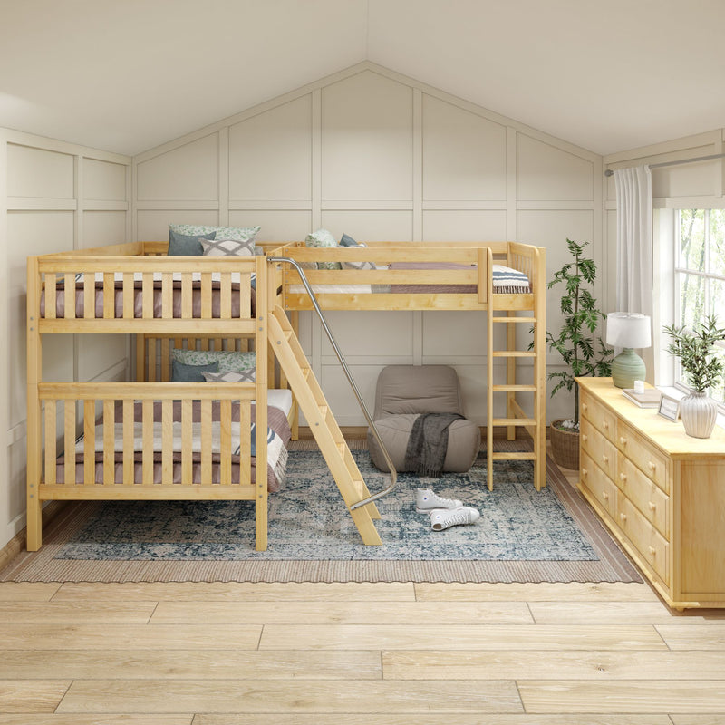 TRIPLET NS : Corner Loft Bunk Full + Twin High Corner Loft Bunk with Left Angled Ladder + Right Straight Ladder on Front, Natural Birch Slats