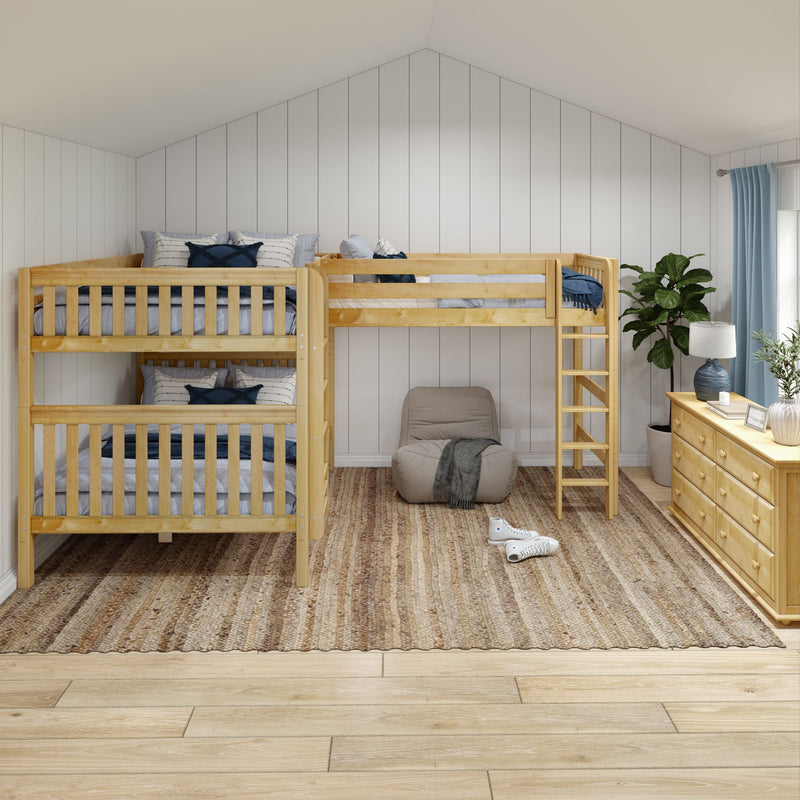 TRIPLICATE XL NS : Corner Loft Bunk Queen + Twin XL High Corner Loft Bunk with Two Straight Ladders on Front, Natural Birch Slats