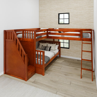TRIUNITY XL CS : Corner Loft Bunk Twin XL over Full XL + Twin XL Medium Corner Loft Bunk with Angled Ladder and Stairs on Left, Slat, Chestnut