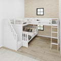 TRIUNITY XL WP : Corner Loft Bunk Twin XL over Full XL + Twin XL Medium Corner Loft Bunk with Angled Ladder and Stairs on Left, Panel, White