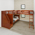 TRIVIUM XL CP : Corner Loft Bunk Twin XL Mid Corner Loft Bunk with Stairs + Angled Ladder on Right Front, Chestnut Panel