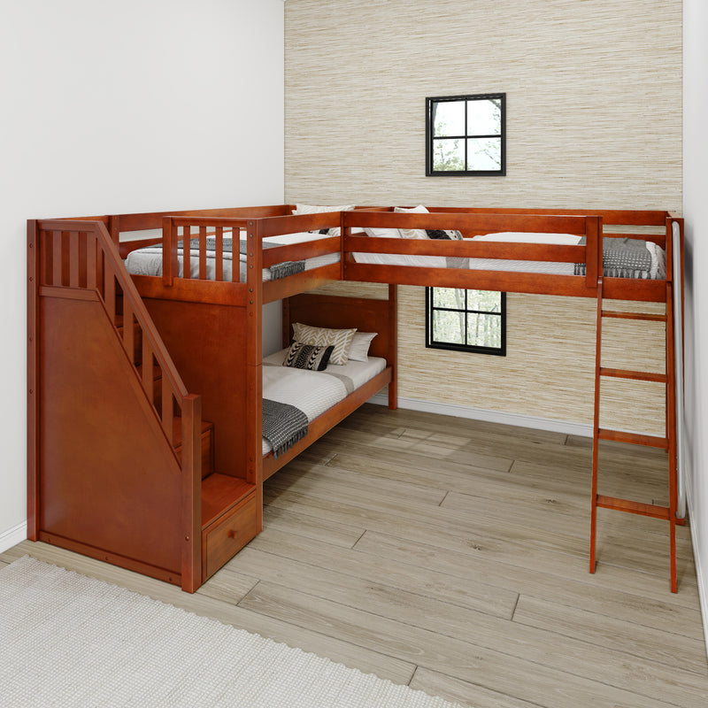 TRIVIUM XL CP : Corner Loft Bunk Twin XL Mid Corner Loft Bunk with Stairs + Angled Ladder on Right Front, Chestnut Panel