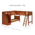 TRIVIUM XL CP : Corner Loft Bunk Twin XL Mid Corner Loft Bunk with Stairs + Angled Ladder on Right Front, Chestnut Panel