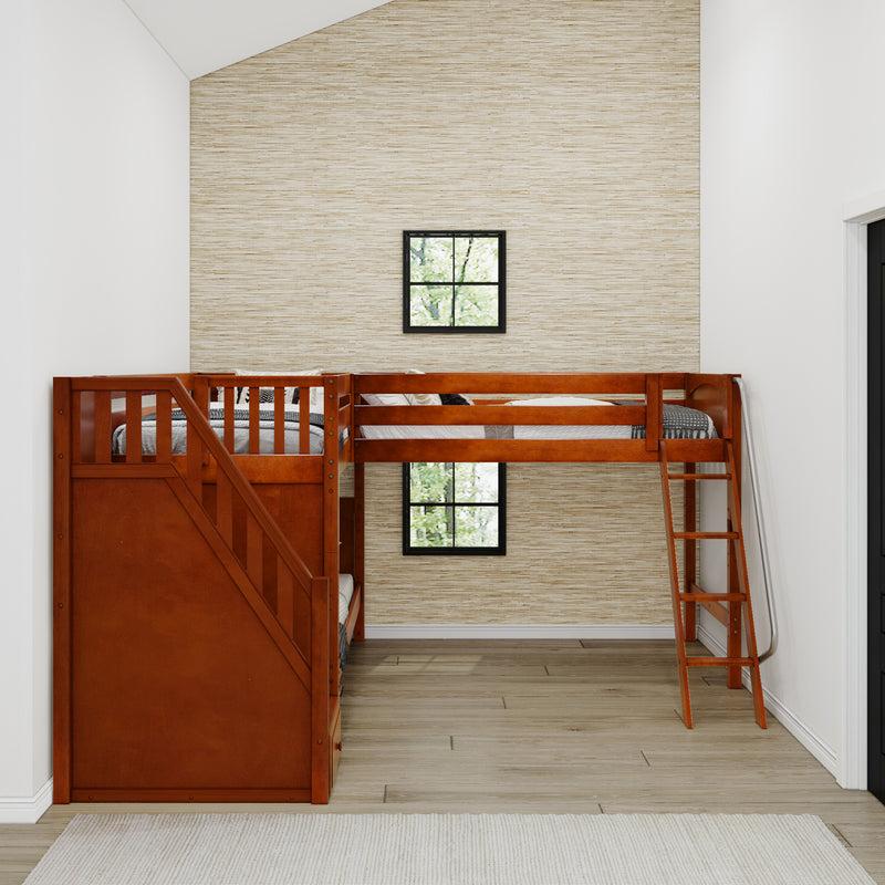 TRIVIUM XL CP : Corner Loft Bunk Twin XL Mid Corner Loft Bunk with Stairs + Angled Ladder on Right Front, Chestnut Panel