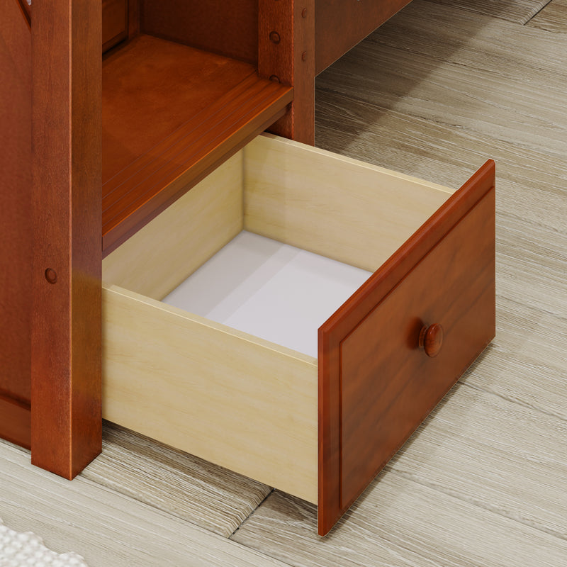 TRIVIUM XL CP : Corner Loft Bunk Twin XL Mid Corner Loft Bunk with Stairs + Angled Ladder on Right Front, Chestnut Panel