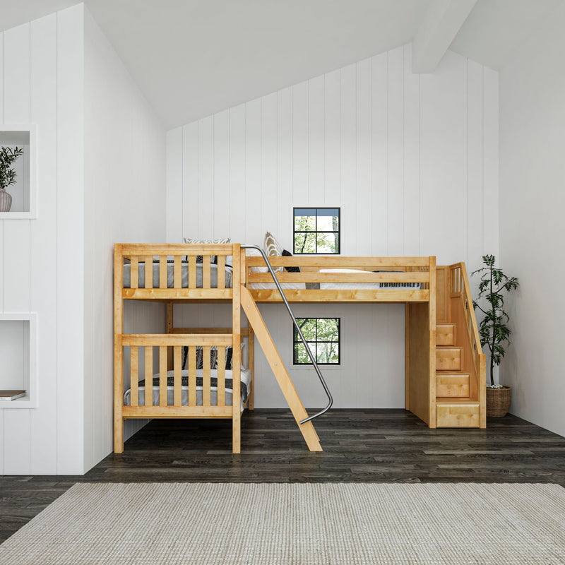 TROIKA NS : Corner Loft Bunk Twin High Corner Loft Bunk Bed with Ladder + Stairs - R, Slat, Natural