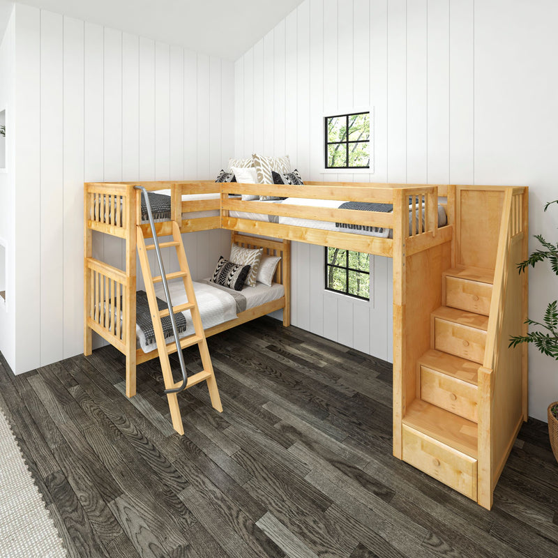 TROIKA NS : Corner Loft Bunk Twin High Corner Loft Bunk Bed with Ladder + Stairs - R, Slat, Natural