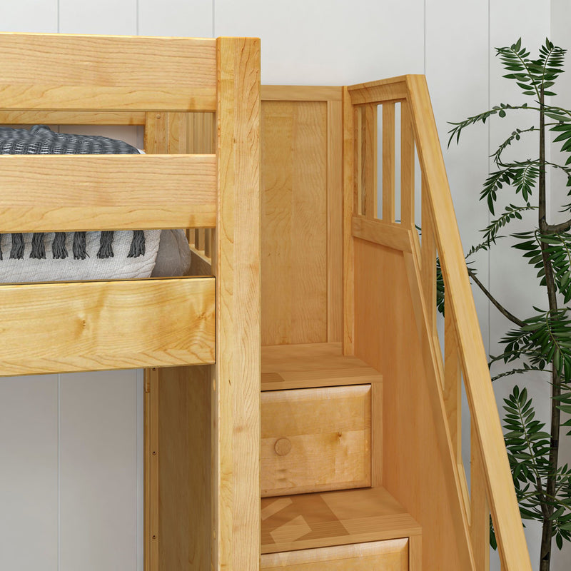 TROIKA NS : Corner Loft Bunk Twin High Corner Loft Bunk Bed with Ladder + Stairs - R, Slat, Natural