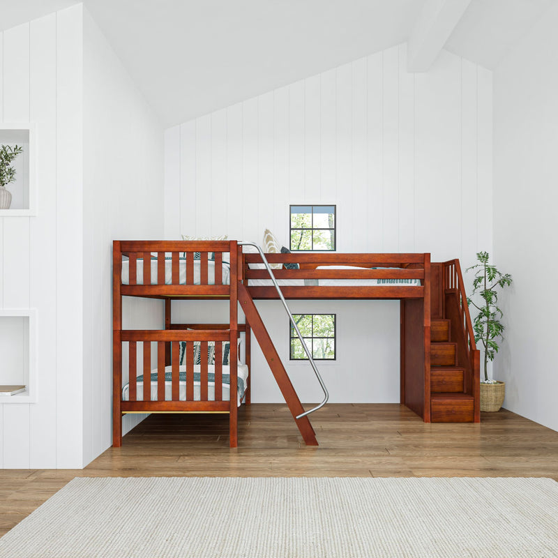 TROIKA XL CS : Corner Loft Bunk Twin XL High Corner Loft Bunk with Angled Ladder and Stairs on Right, Slat, Chestnut