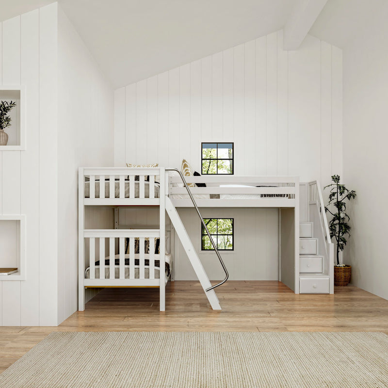 TROIKA XL WS : Corner Loft Bunk Twin XL High Corner Loft Bunk with Angled Ladder and Stairs on Right, Slat, White
