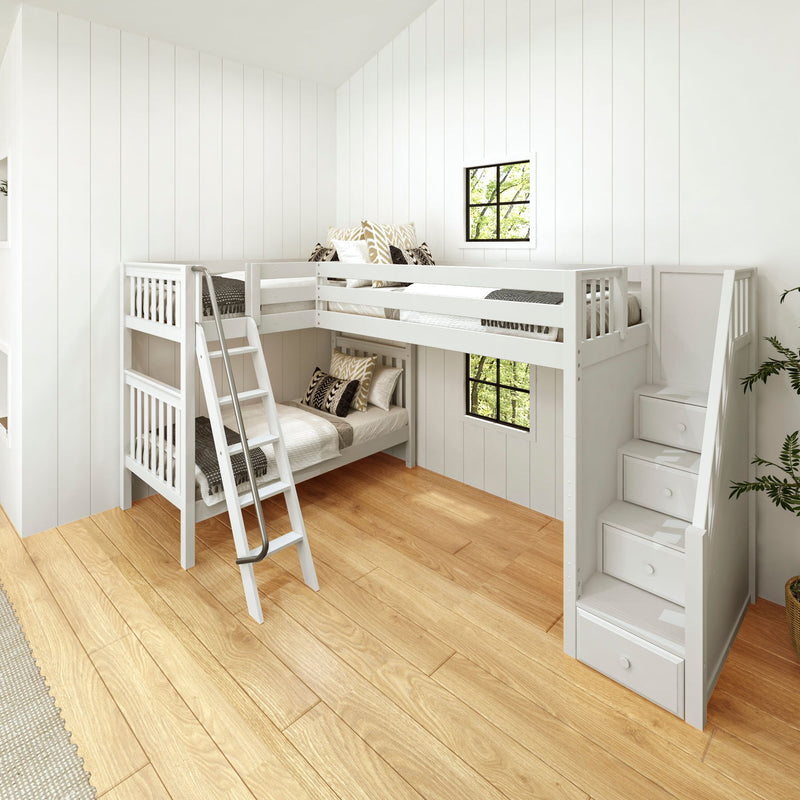 TROIKA XL WS : Corner Loft Bunk Twin XL High Corner Loft Bunk with Angled Ladder and Stairs on Right, Slat, White