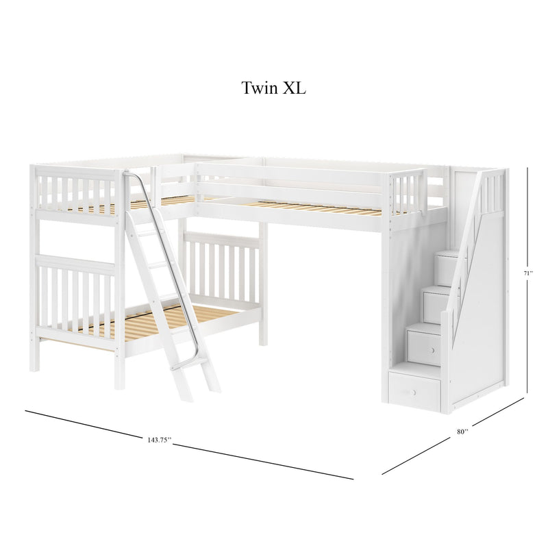 TROIKA XL WS : Corner Loft Bunk Twin XL High Corner Loft Bunk with Angled Ladder and Stairs on Right, Slat, White