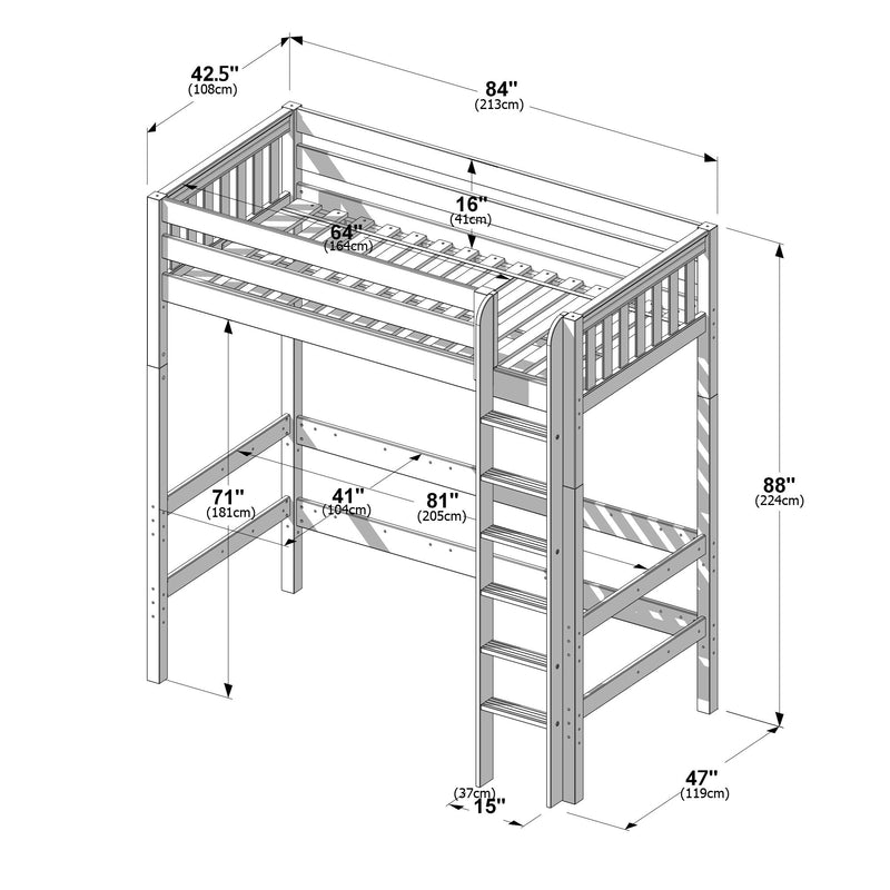 Uber JibJab NS : Loft Bed Twin Uber High Loft Bed with Straight Ladder on Front, Natural Birch Slats