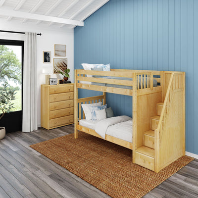 WOPPER XL NS : Bunk Bed Classic High Twin XL Bunk Bed with Stairs on End, Natural Birch Slats