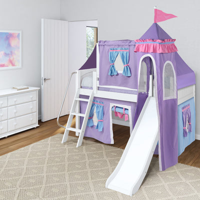 WOW27 WP : Loft Bed Twin Low Playhouse Loft Bed with Slide and Angled Ladder on Front, Classic White Panel with Purple/Light Blue Fabric