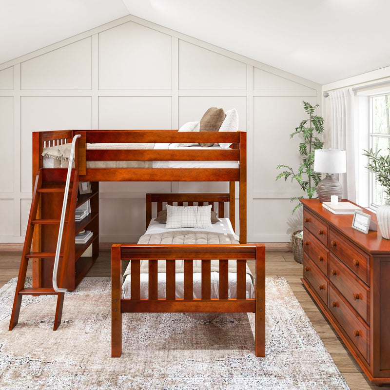 MASH CS : Staggered Bunk Beds L-shaped/Parallel Bunk w/Angle Ladder, Slat, Chestnut