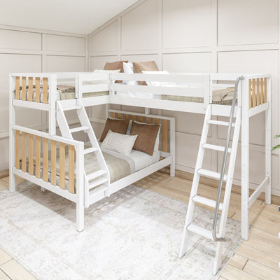 TRINITARIAN XL MWS : Multiple Bunk Beds Modern Twin XL over Queen + Twin XL High Corner Loft Bunk with Angled Ladders