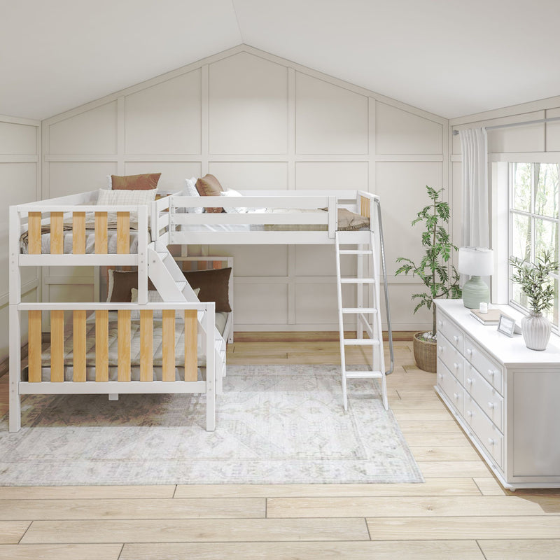 TRINITARIAN XL MWS : Multiple Bunk Beds Modern Twin XL over Queen + Twin XL High Corner Loft Bunk with Angled Ladders