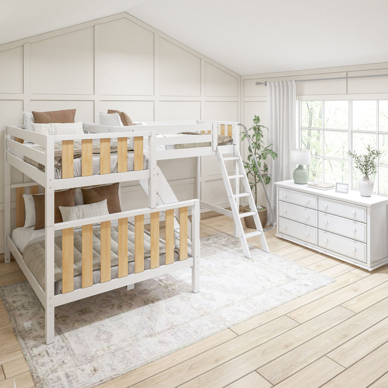 TRINITARIAN XL MWS : Multiple Bunk Beds Modern Twin XL over Queen + Twin XL High Corner Loft Bunk with Angled Ladders