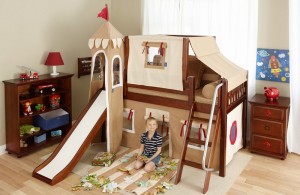 Low-loft-castle-bed-with-slide-brown 