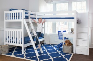 Maxtrix-Corner-Bunk-with-desks-and-blue-chair-white-slatted-with-boy1 